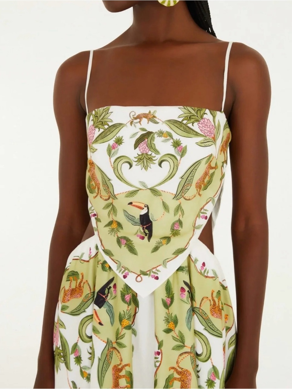 FARM Rio White Maxi Dress with Green Floral and Toucan Print - Picture 3 of 4